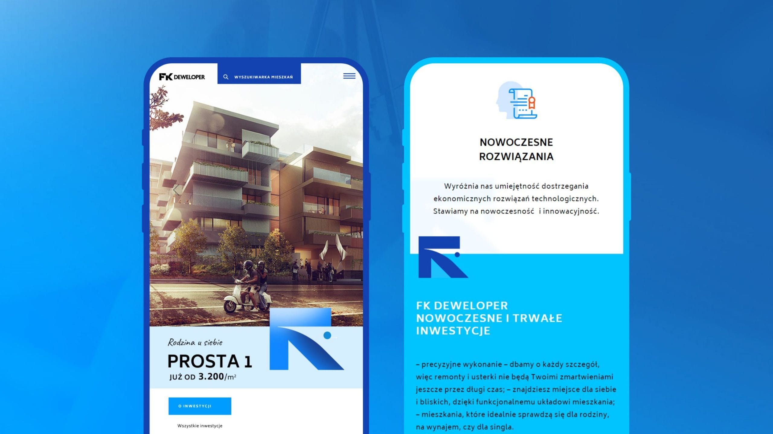 Nowoczesna strona internetowa dla nieruchomości FK Developer – widok na urządzeniach desktopowych