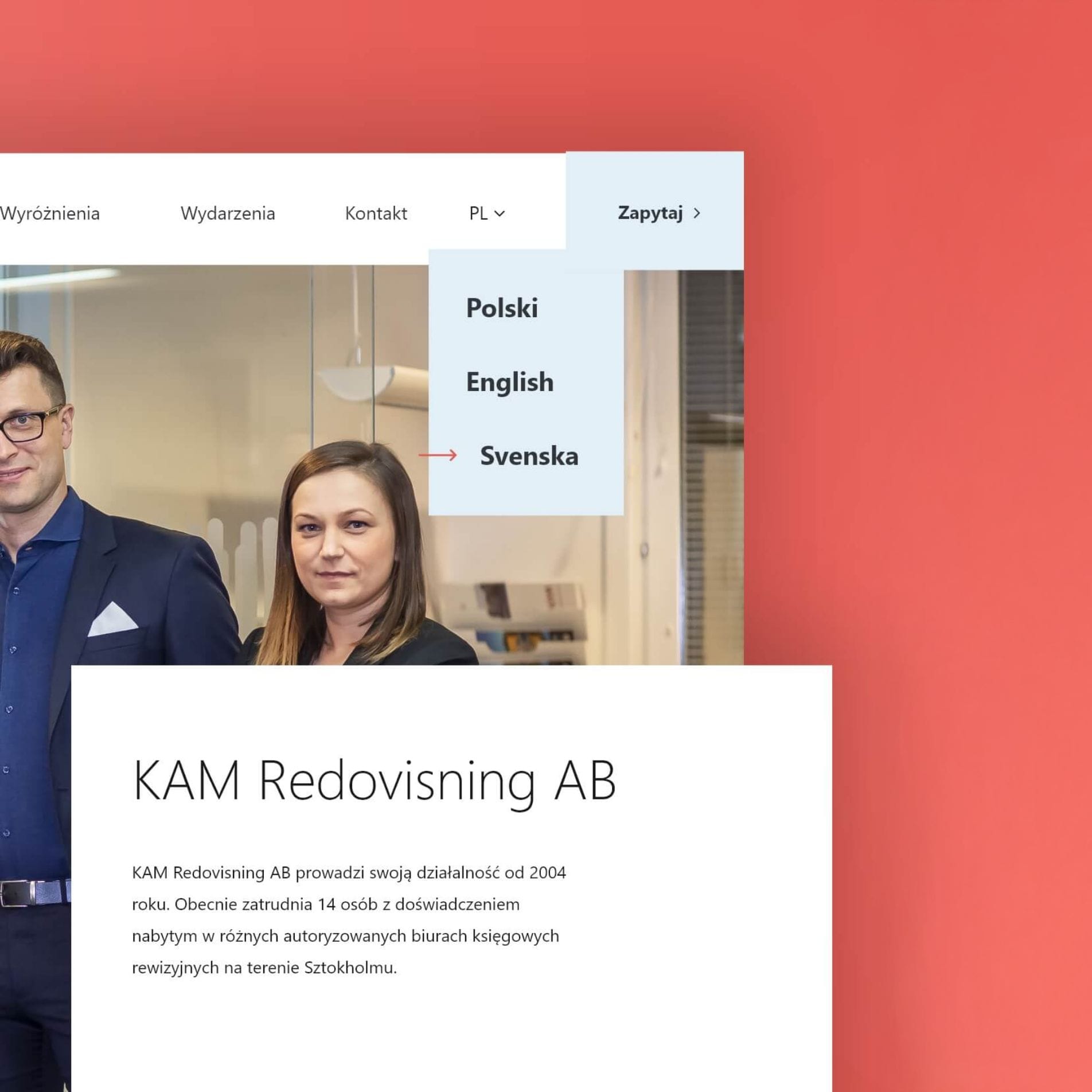 Strona internetowa KAM Redovisning w trzech wersjach językowych