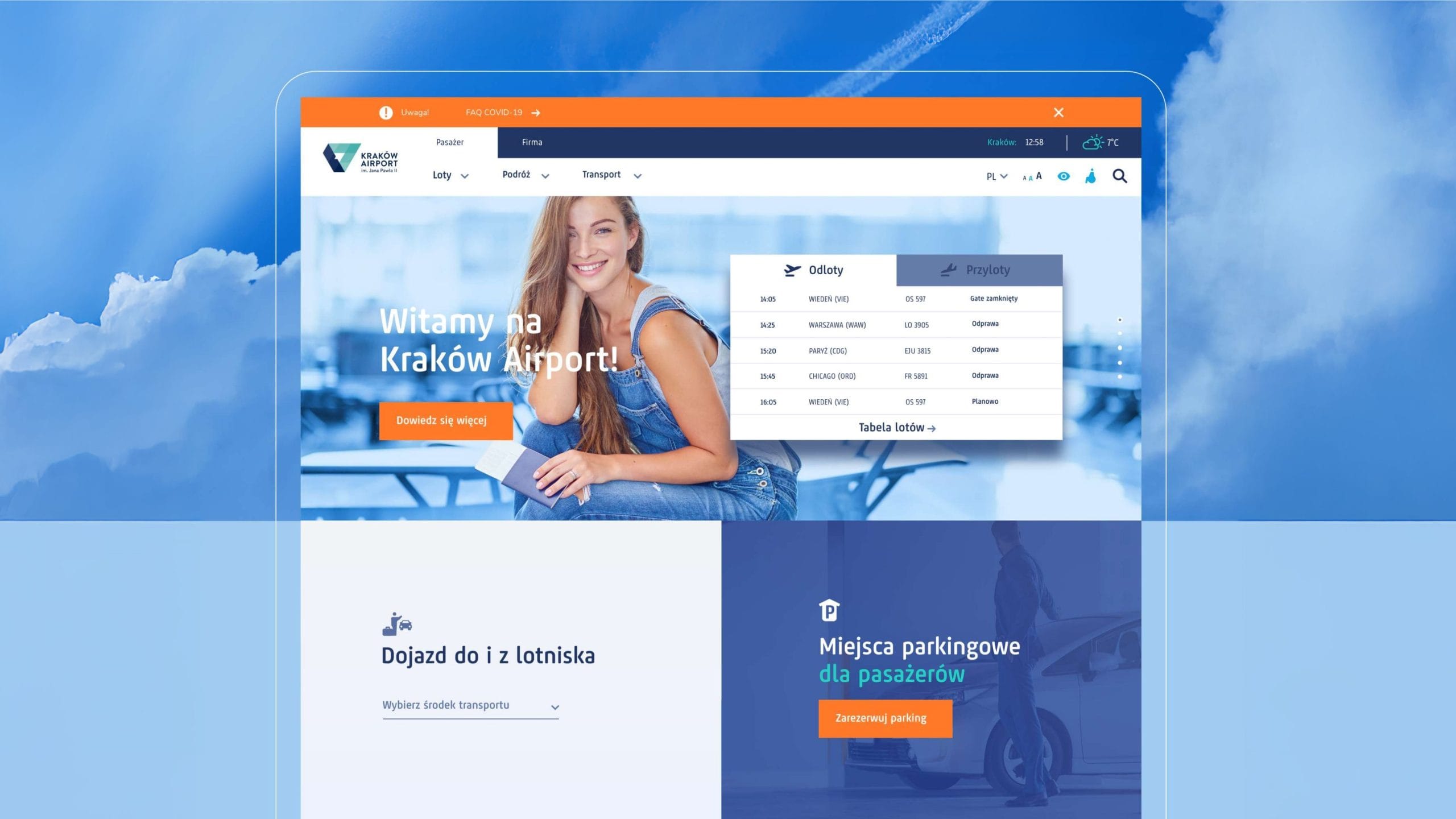 Strona internetowa Kraków Airport – projekt i wdrożenie serwisu lotniska