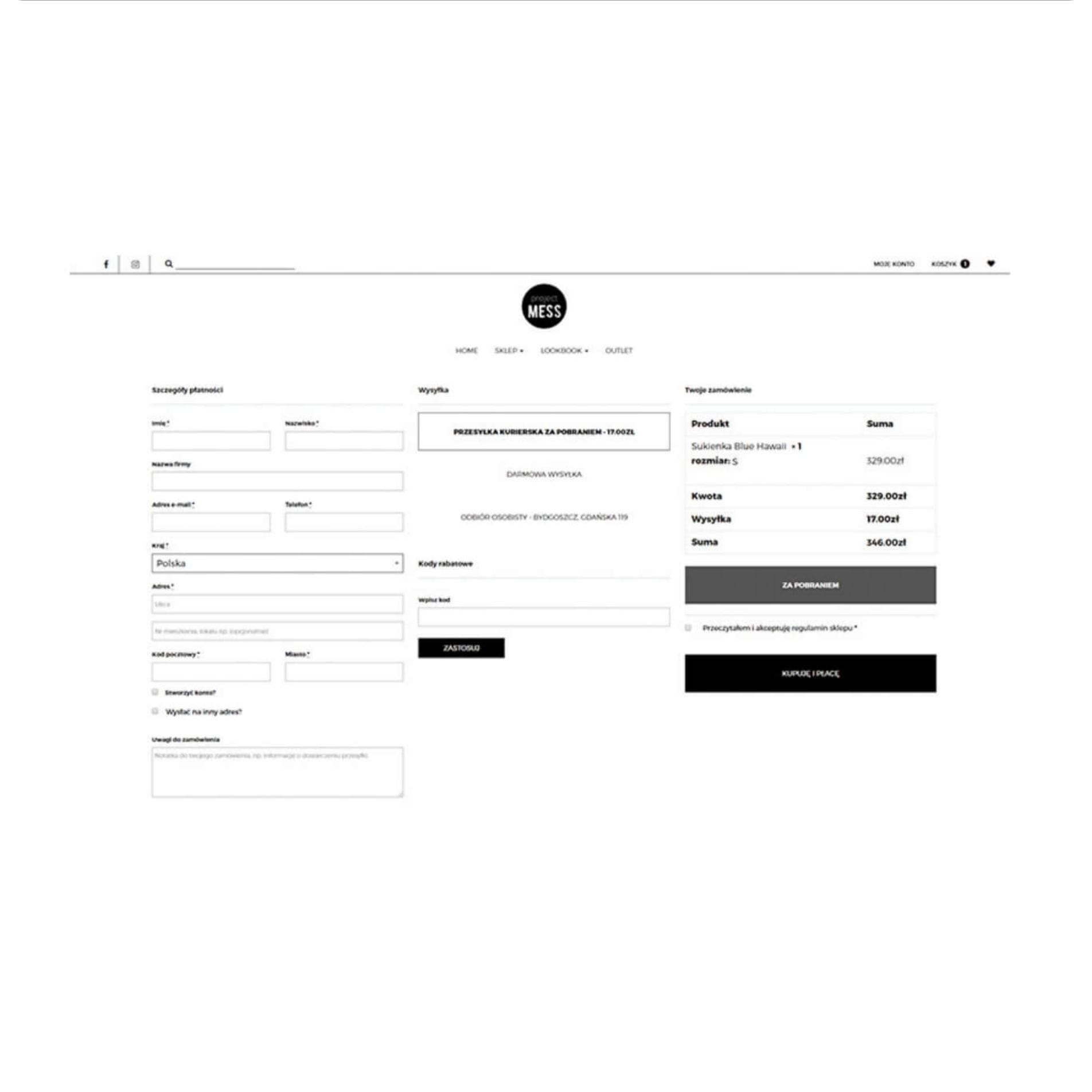 Funkcja one page checkout w sklepie internetowym Project Mess