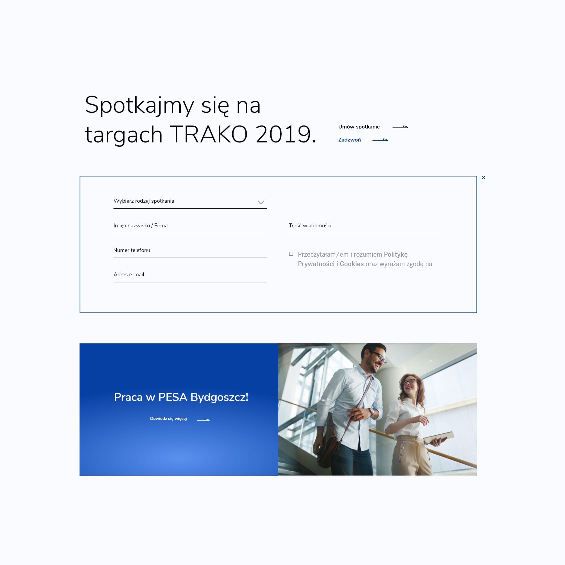 Projekt UX/UI strony Pesa z formularzami kontaktowymi