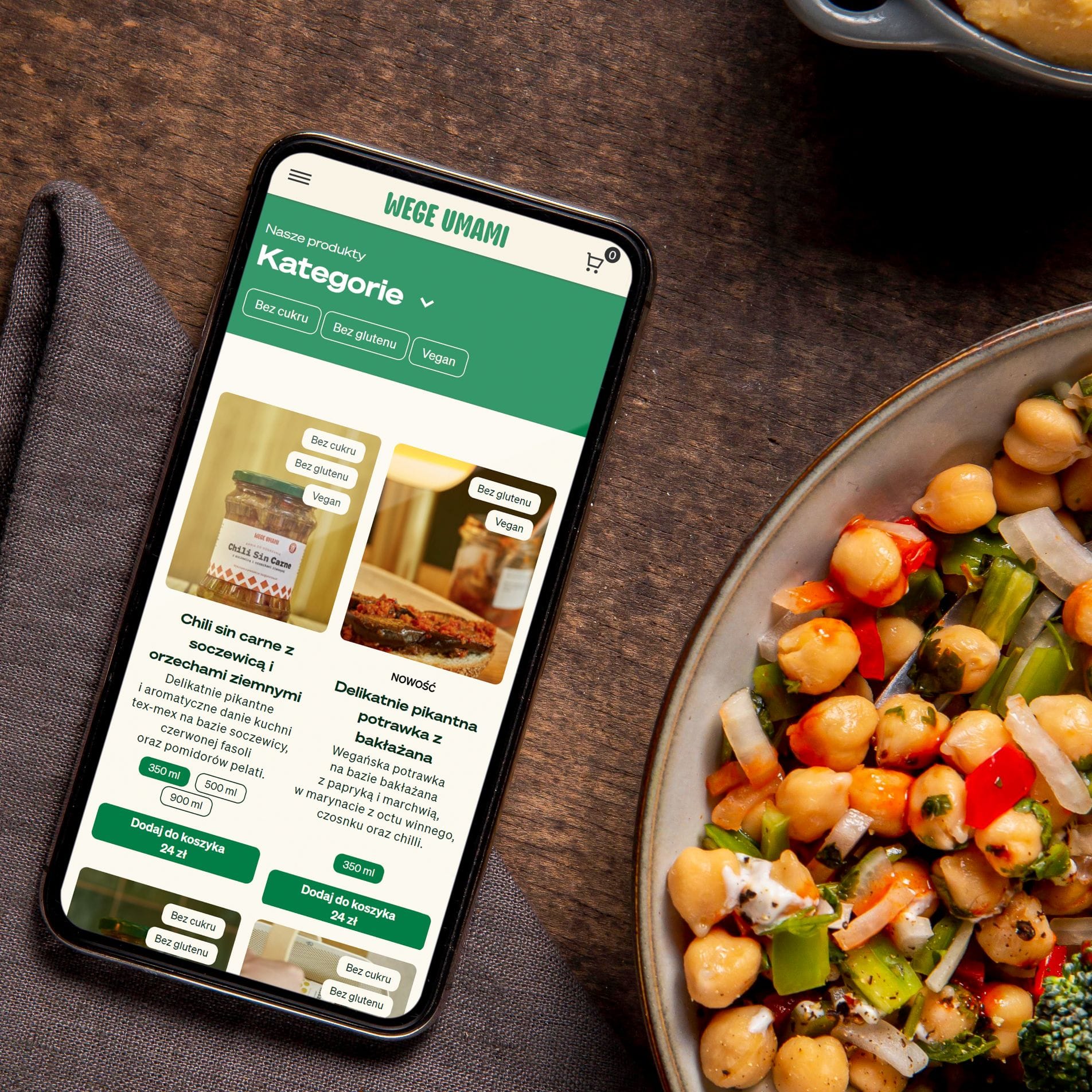 Listing produktów Wege Umami z przyciskami wyboru wariantu pojemności"